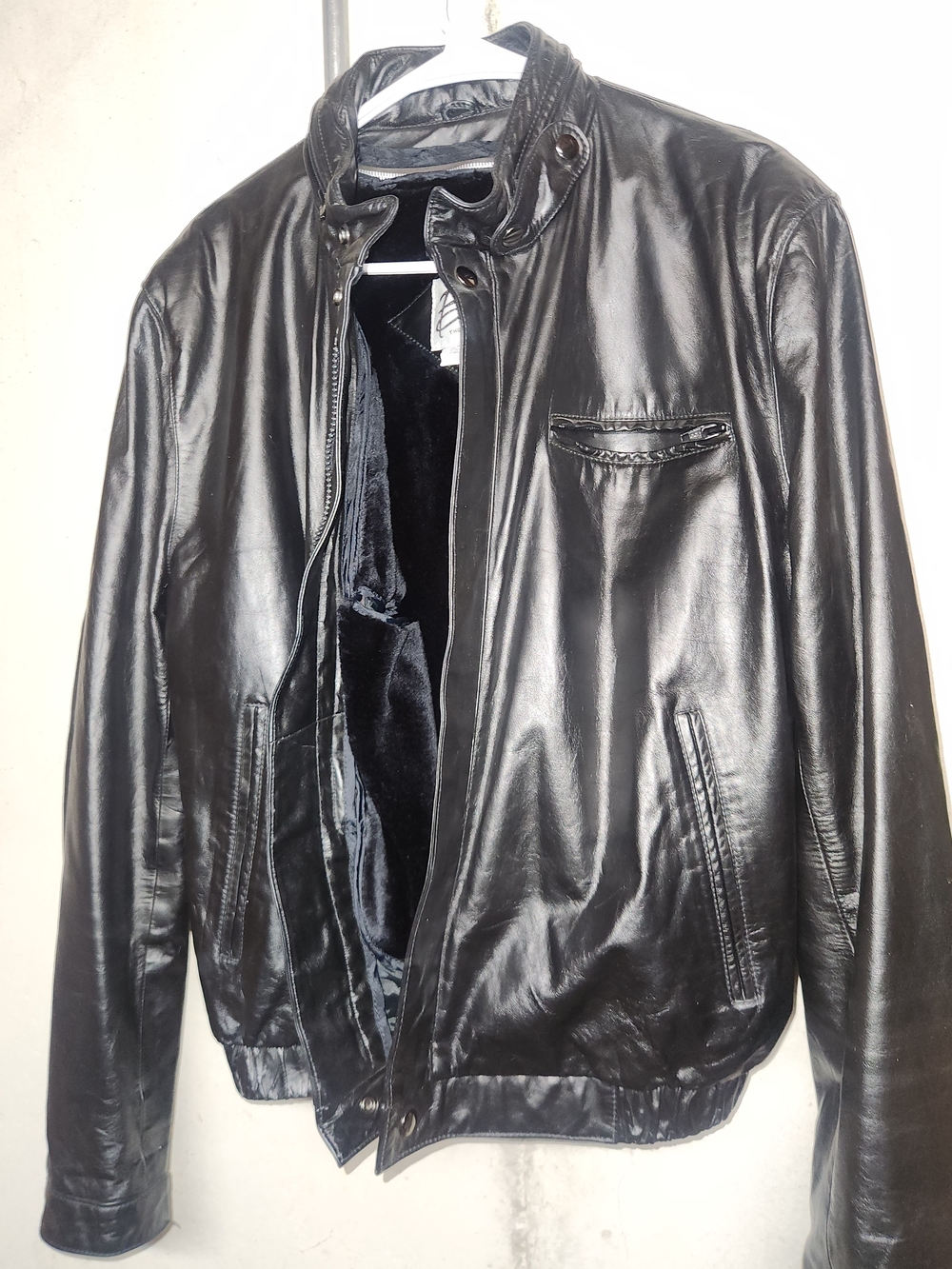 Men's Black Leather Bomber Jacket with Stand Collar #36